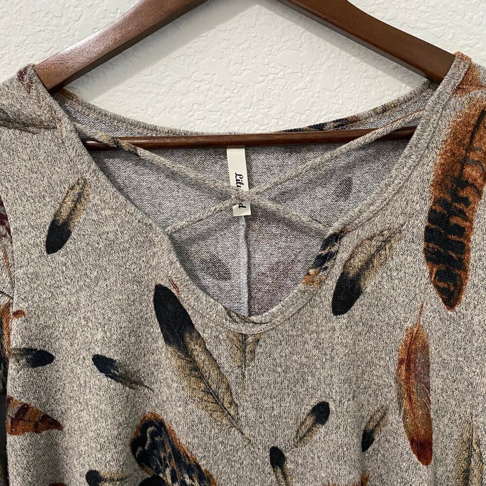 Lilypad Feather Print Swing Dress S Criss Cross Neck A-Line Mini - Picture 3 of 6